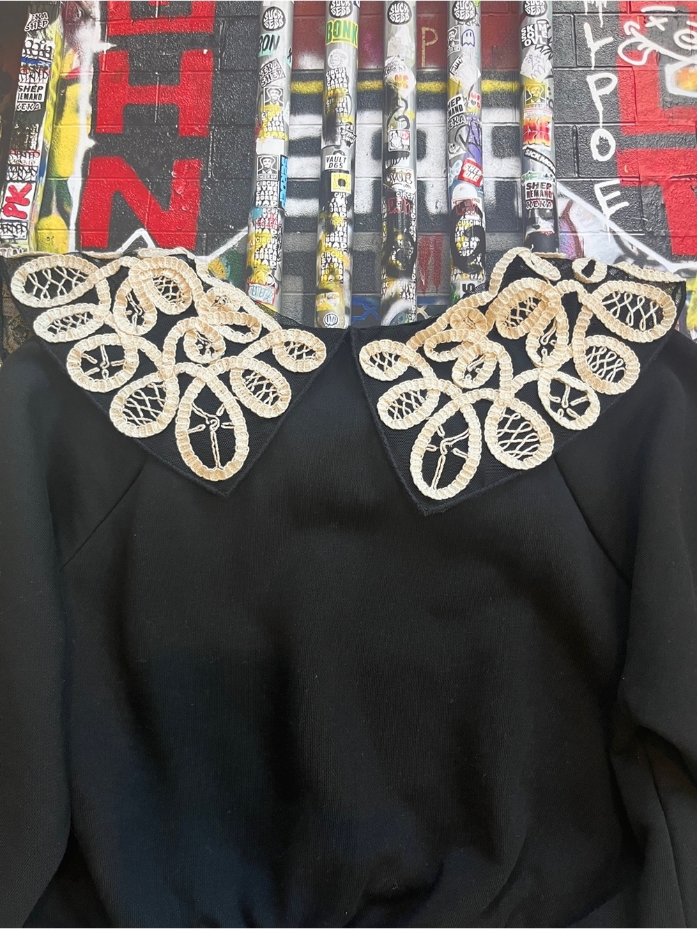 Miss Selfridge Adorable Black Cropped Sweatshirt with Cream Lace Collar - Picture 3 of 11
